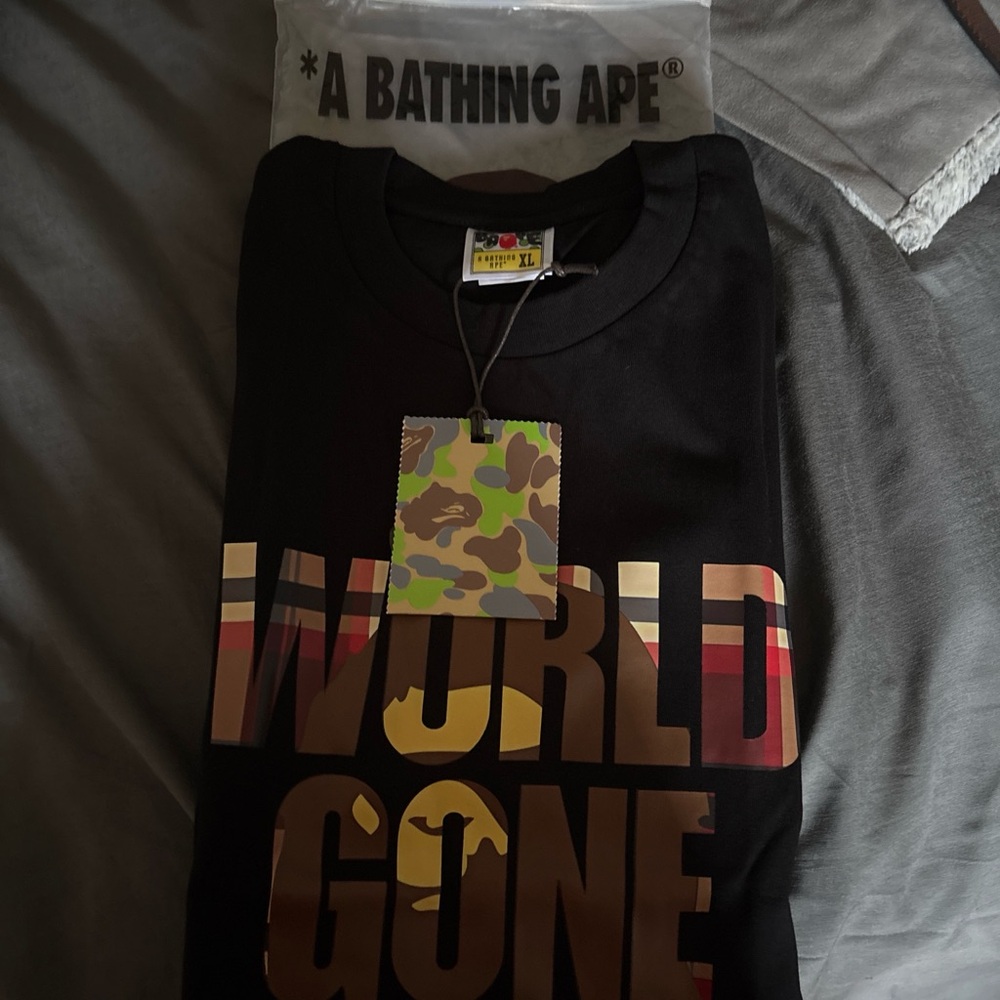 Bape Black Short Sleeve Tee with Multicolor WORLD GONE Graphic